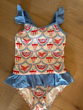 Girls Patriotic Ruffle One-Piece Swimsuit - Blue, Red, Cream